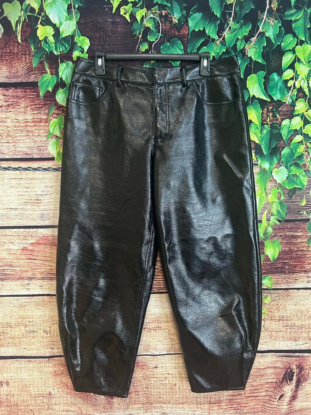 Tibi Barrel Leg Pants Cropped Womens 29 (fits 30 31 32) Shiny Black Polyurethane